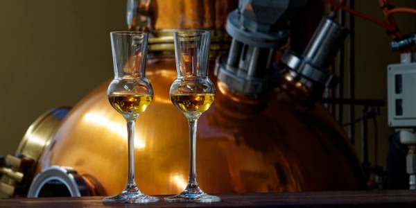 A master distiller is at the helm of making potable spirits. Shown in the picture are two glasses of gin and a distiller in the background.