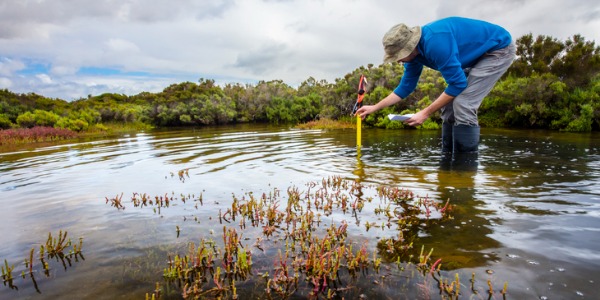 A soil and water conservationist taking a water sample from a lake.