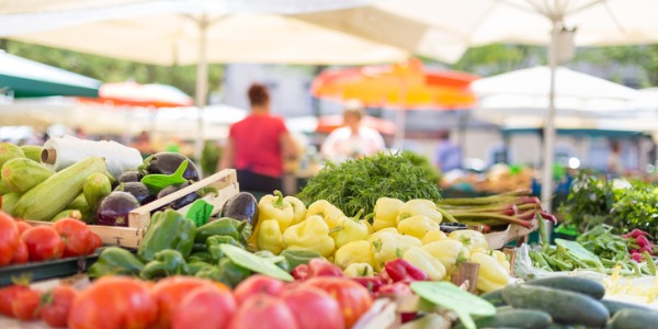 A farmers' food stall with a variety of organic vegetables.