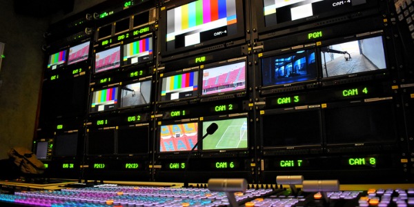 Equipment in outside broadcasting van for live TV broadcast and production of television program.