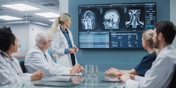 A chiropractic neurologist looking at a patient's X-rays along with other healthcare professionals.