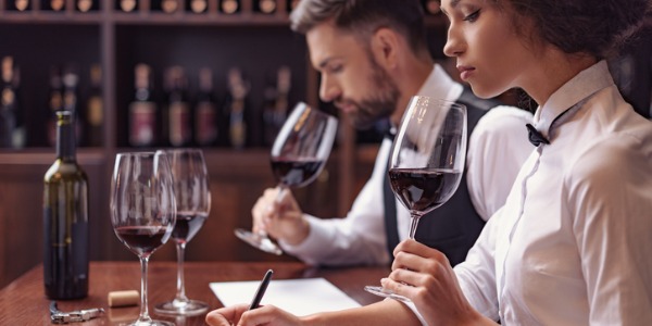 Two sommeliers tasting wine and taking notes.