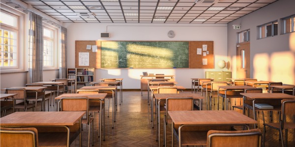 An empty school classroom.