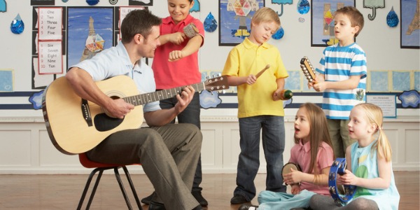 A music teacher playing guitar while elementary school kids play other instruments.