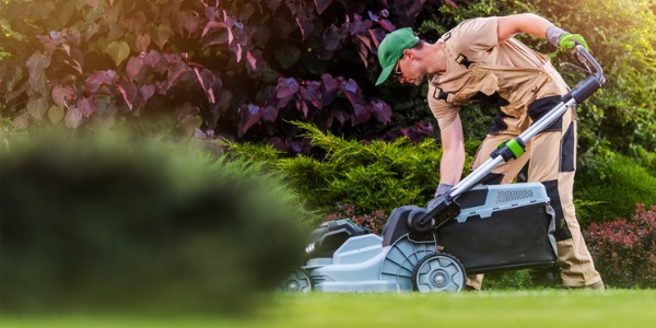 A lawn care specialist mowing the lawn.
