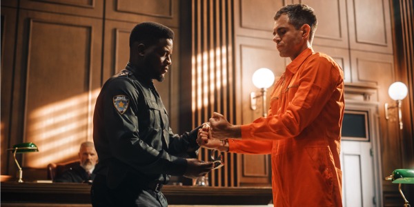 A bailiff putting handcuffs on an accused criminal in the courtroom.