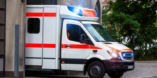 An ambulance leaving for an emergency.