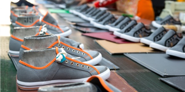 An assembly line of sneakers.