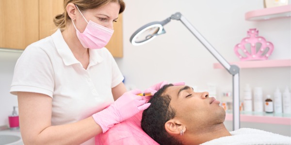 A trichologist examining a patient's scalp.