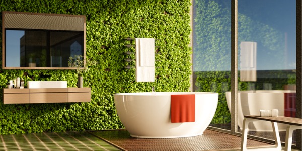 A modern bathroom with a vertical garden wall, designed by a sustainable interior designer.