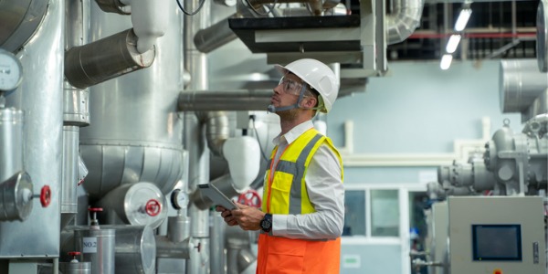 A quality control inspector checking system equipment.