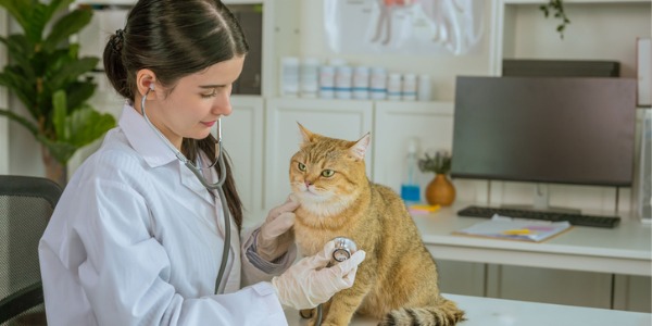 A female veterinary technician listening to a cat's heartbeat with a stethoscope.