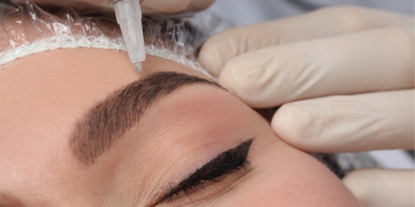 A permanent makeup artist microblading a woman's eyebrows.