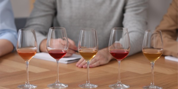 A sommelier educator teaching aspiring sommeliers the differences in grape varieties.