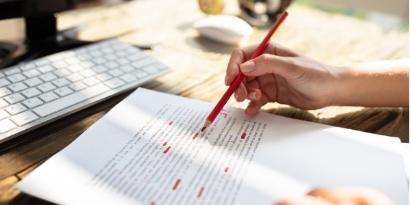 A proofreader checking a document for spelling and grammatical errors.