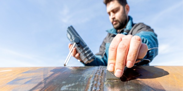 A non-destructive testing specialist using ultrasonic testing to test a pipe weld.