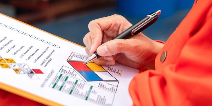 An environmental health officer rating the health risk assessment level of chemical hazardous material in a workplace.