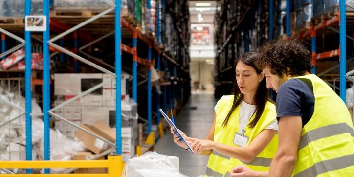 Two shipping and receiving clerks working in a warehouse.
