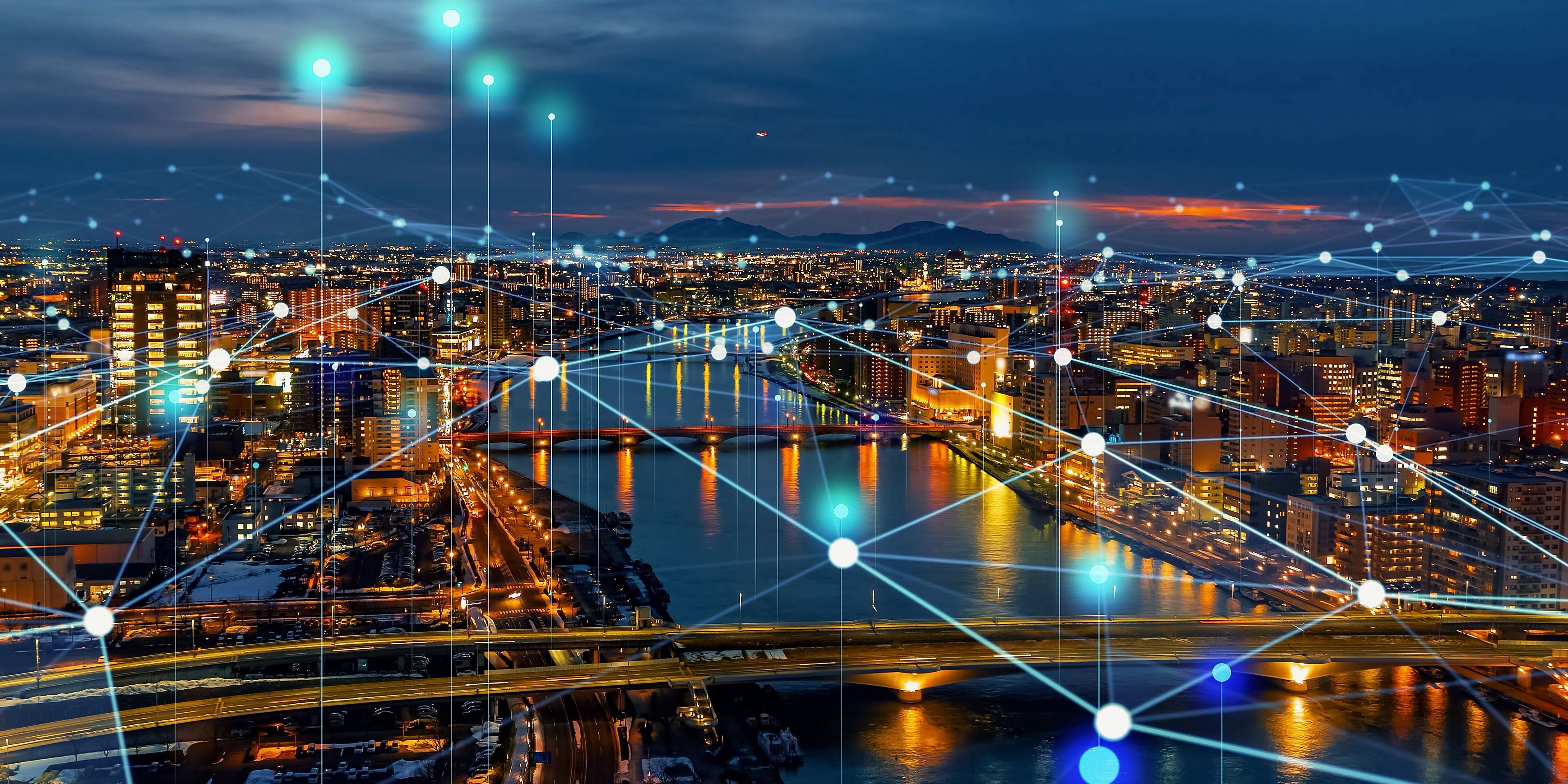 Modern cityscape and telecommunications concept.