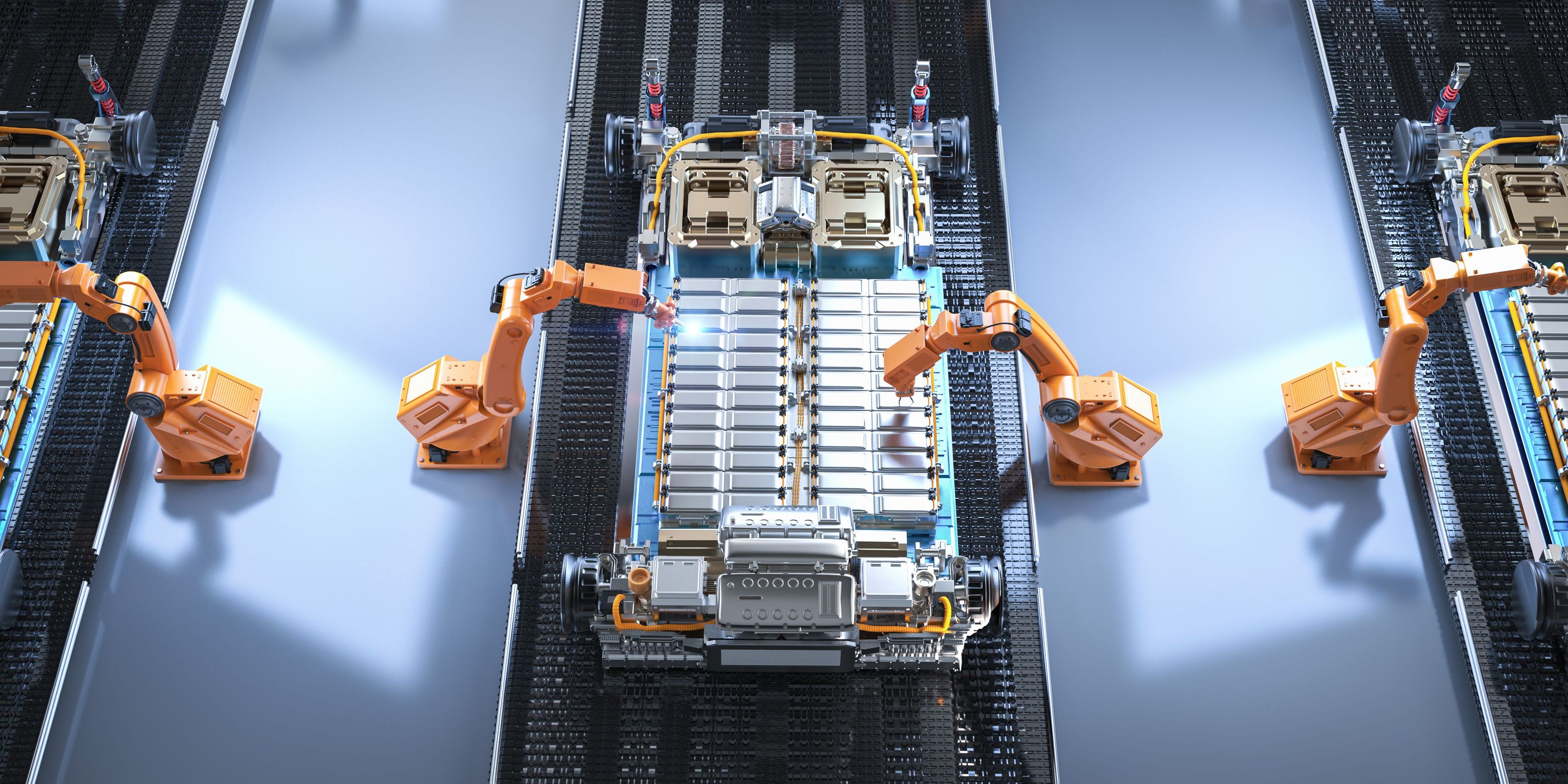 A robot assembly line with electric car battery cells designed by an electromechanical engineer.