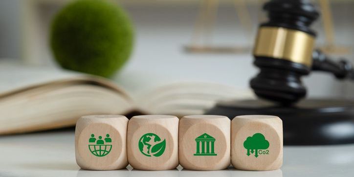 Environmental law symbols on wooden cubes. Environmental regulation and sustainable environment concept.
