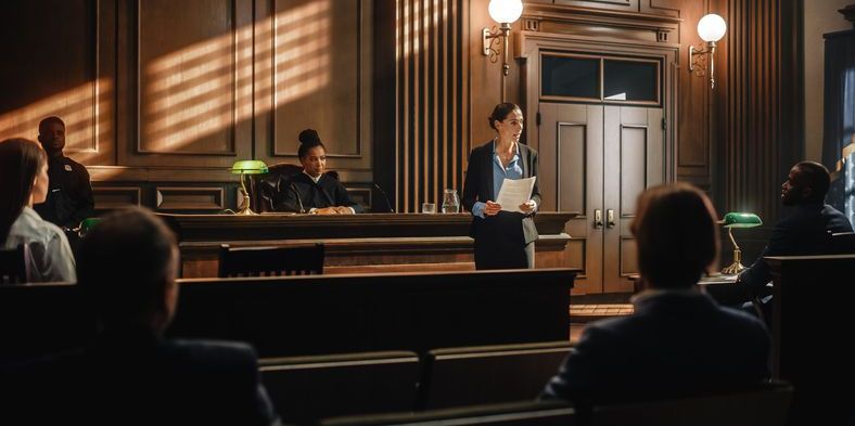 A defense attorney standing in court defending her client.