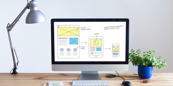 Responsive web design development technology concept with desktop computer in modern bright office and website wireframe sketch layout on screen.