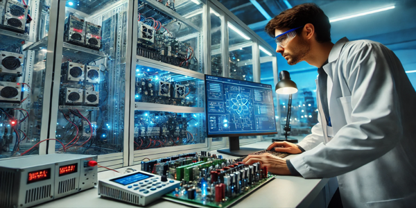 A power electronics engineer working in a high-tech lab.