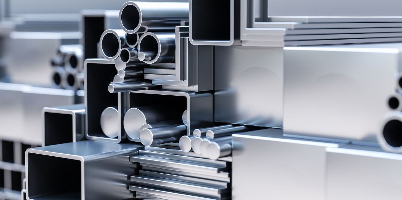 Close-up photo of steel and aluminium profiles and metalware for construction and engineering in storehouse.