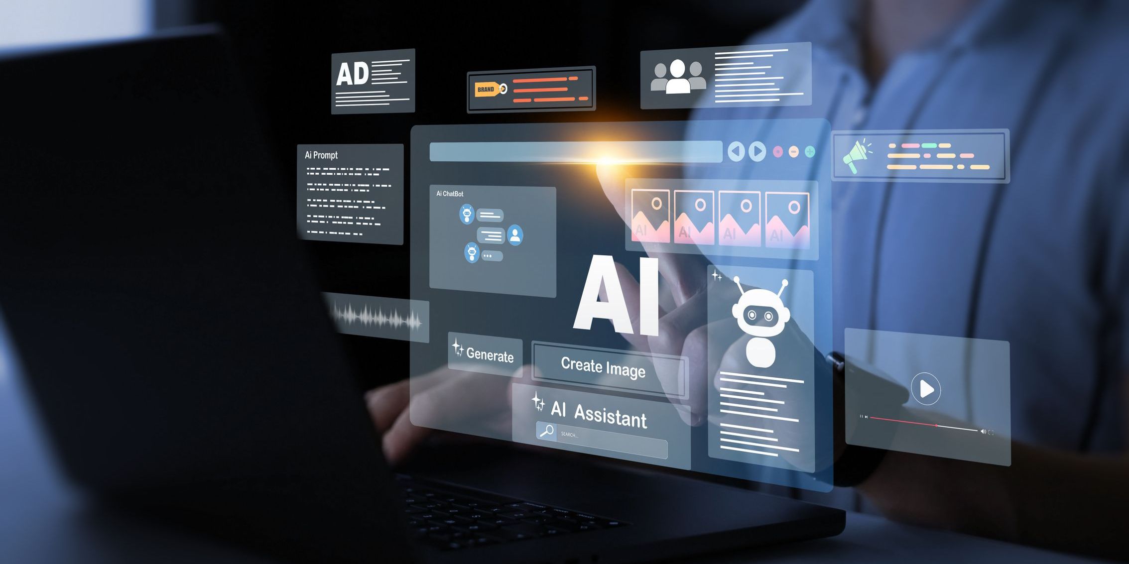 An AI UX design graphic of an image generator, documents, marketing and advertising, and bot writing and coding.