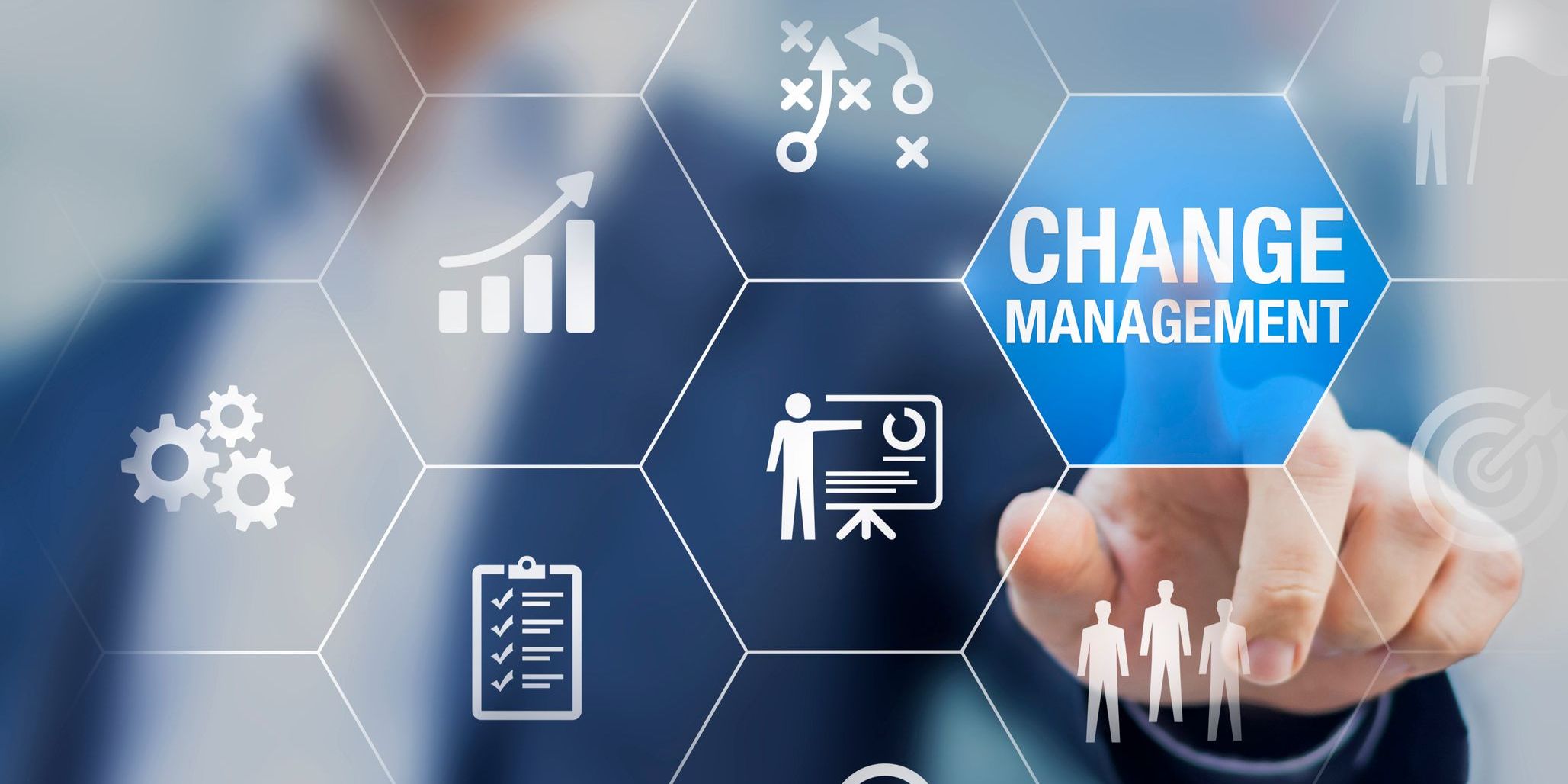 AI change management concept with icons of strategy, plan, implementation, communication, and team success.