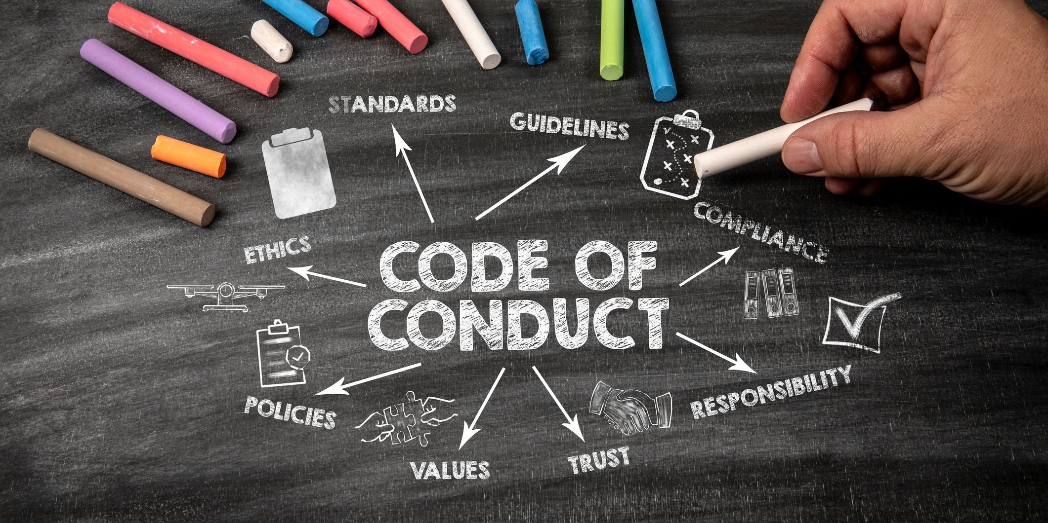 Black chalkboard background with code of conduct qualities - depicting what an ethics specialist would help organizations with.
