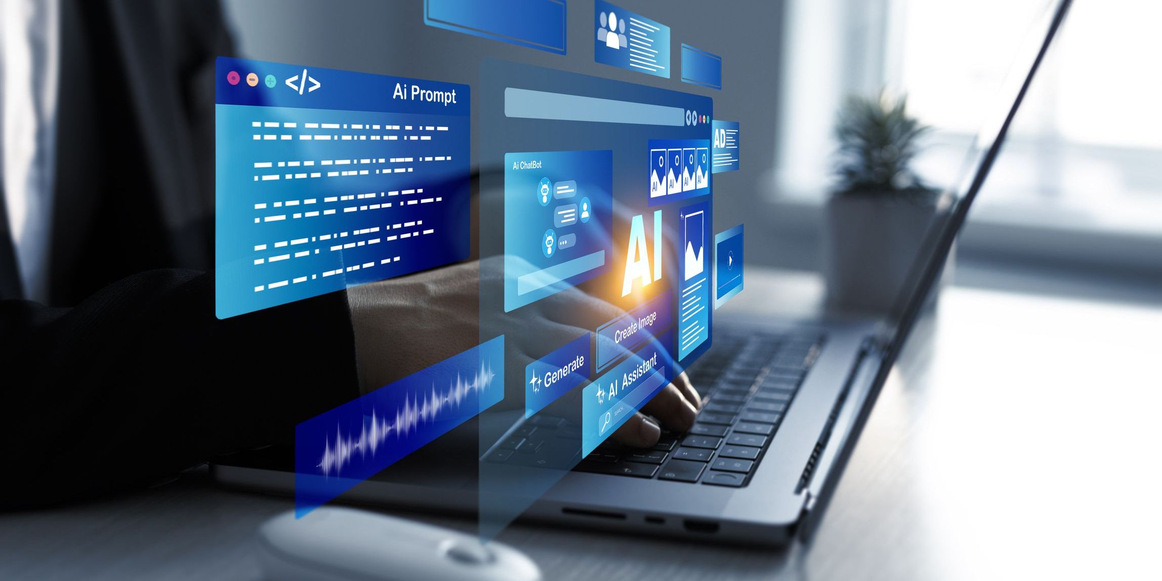 Depiction of an AI content creator using a laptop.