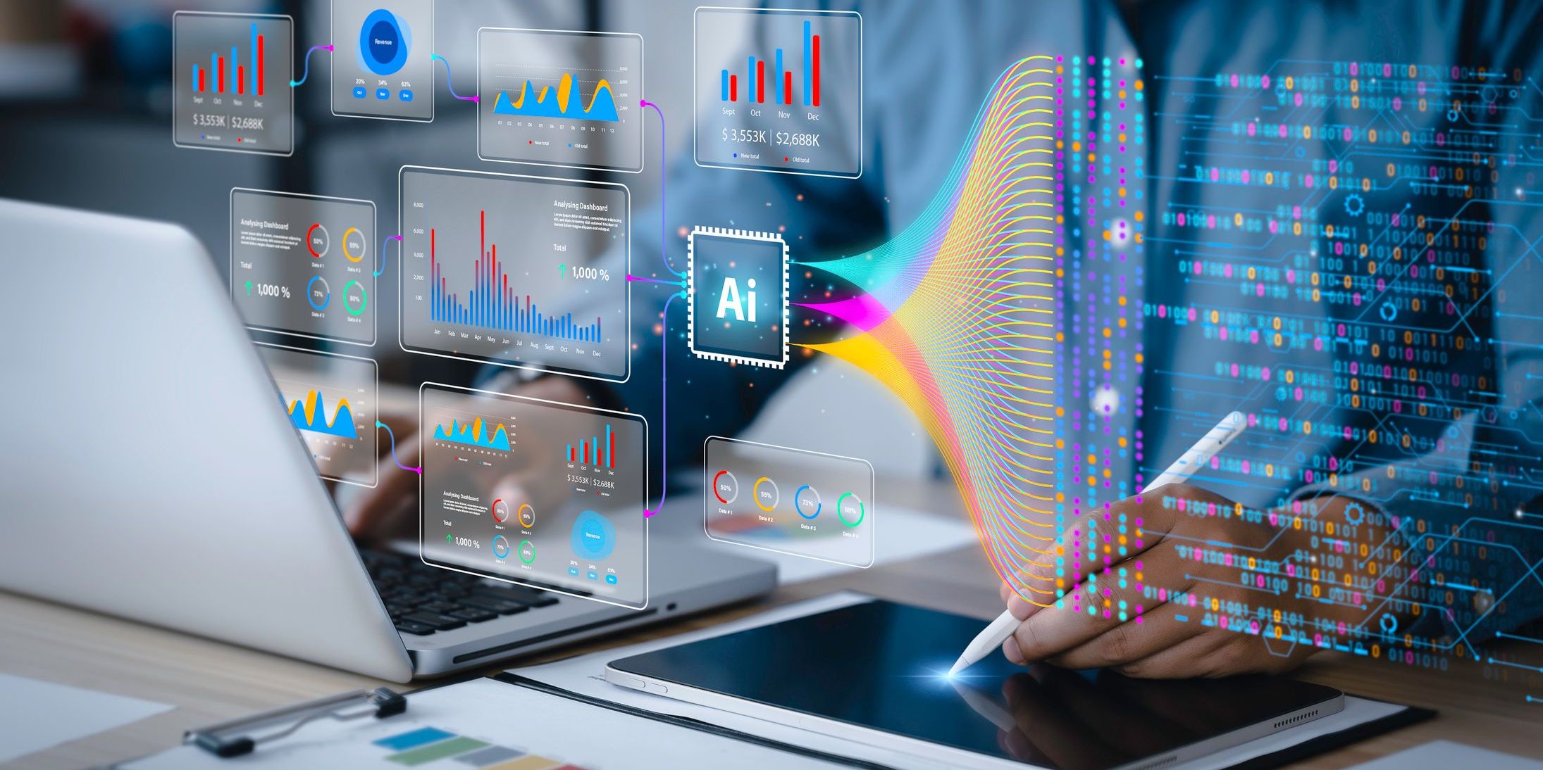 Depiction of an AI implementation specialist using a computer - to help an organization use AI tools to make smarter decisions.