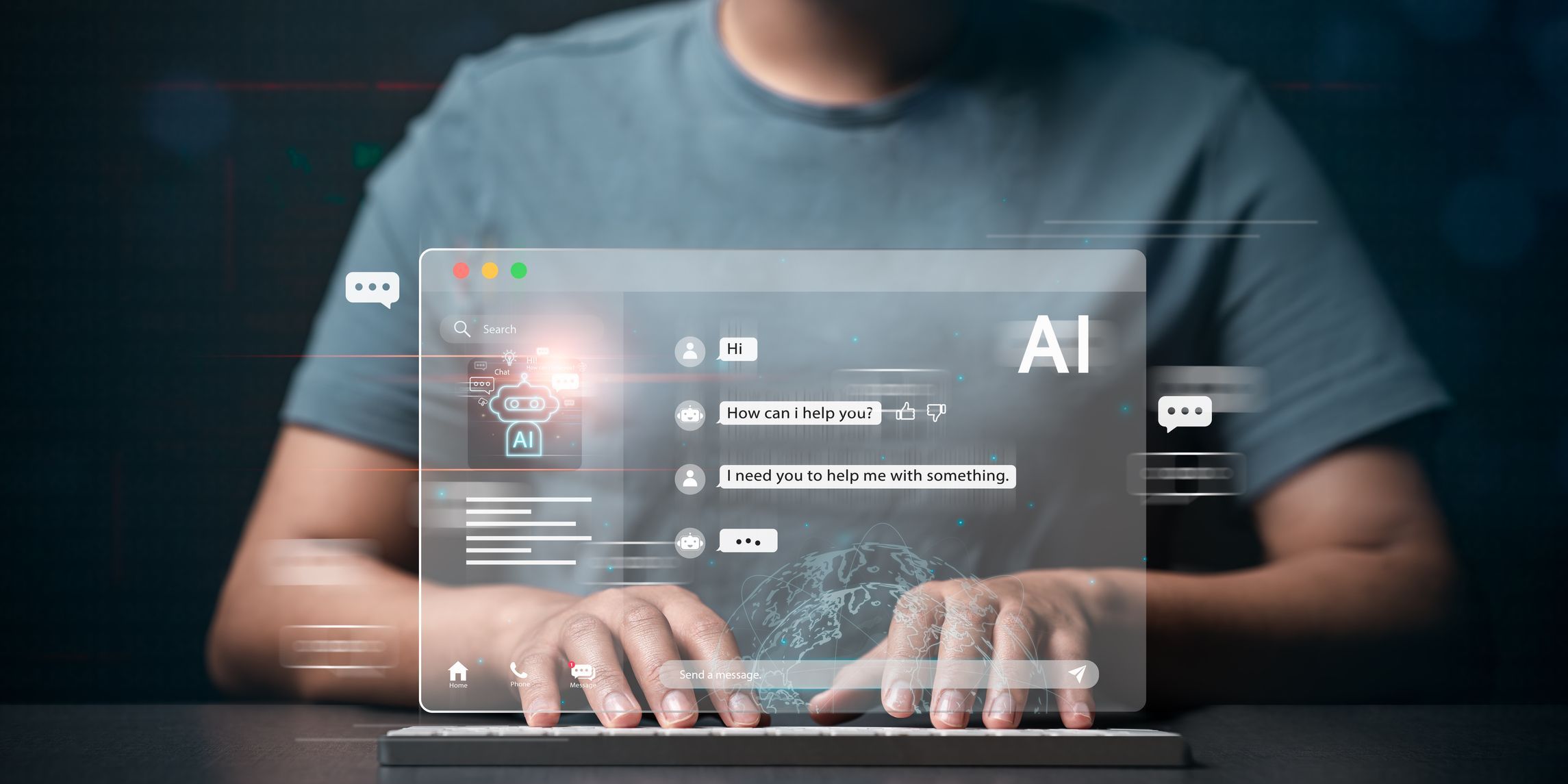 An AI conversation designer concept of a man creating a chat bot.