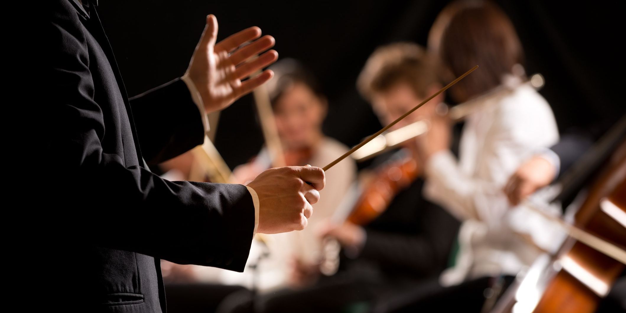 An orchestral conductor leading a group of musicians.