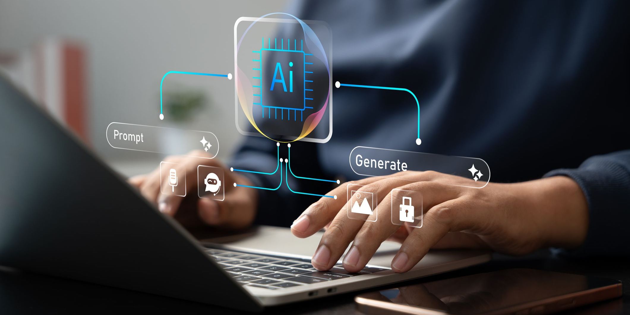 A generative AI engineer concept of a man using generative AI technology on laptop to create content from text prompts.