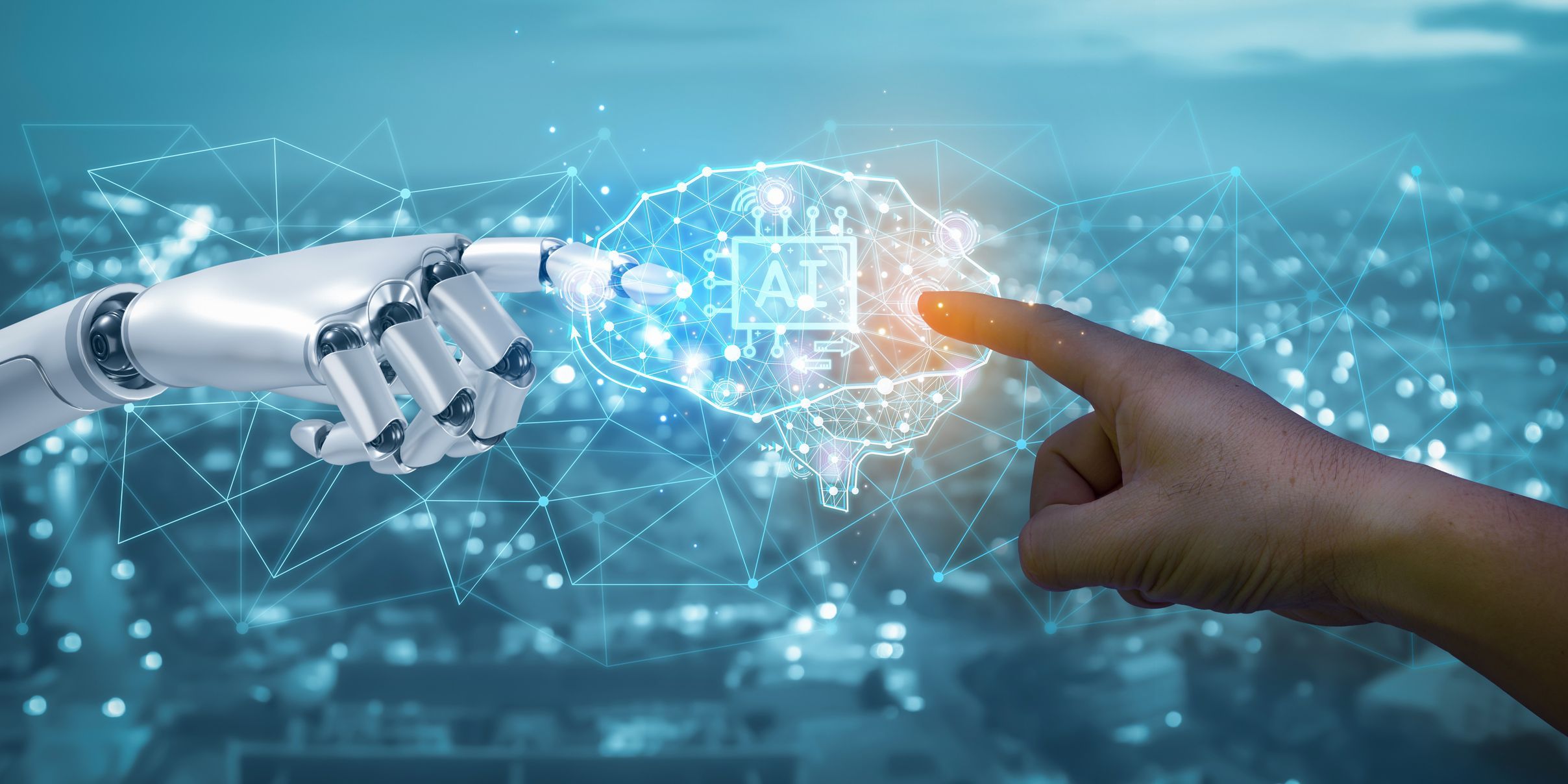 AI robotics concept - robot hand and human touch in big data network connection.