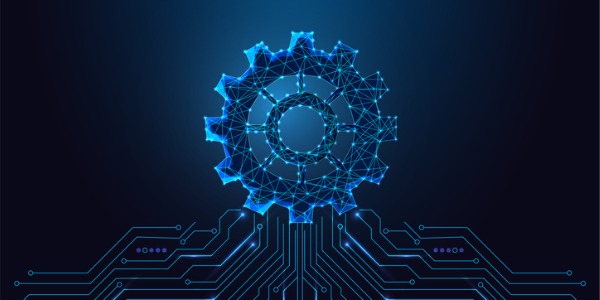 AI performance engineering concept. Vector of a futuristic glowing wireframe gear symbol above circuit board lines on a dark blue background.