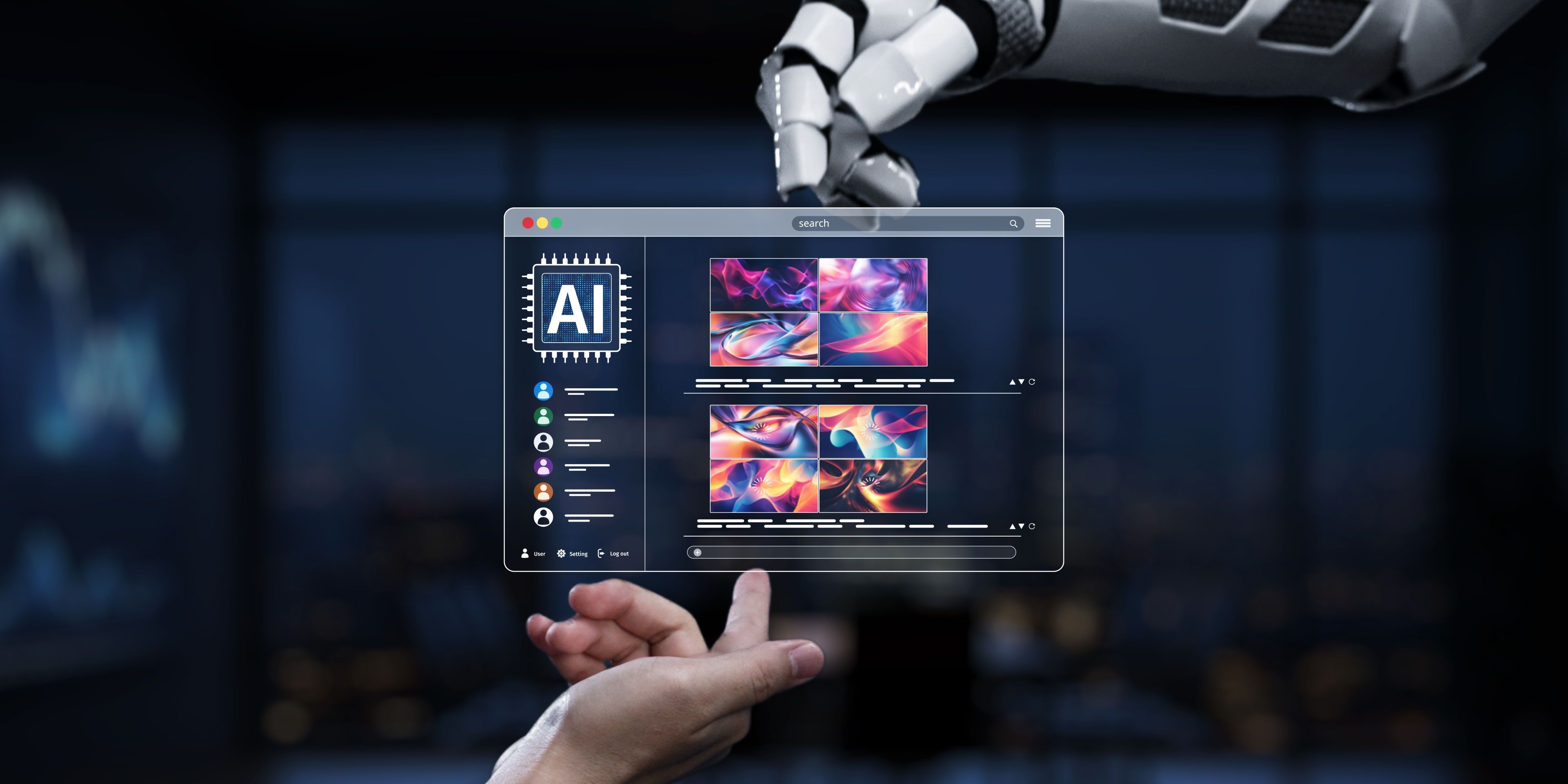AI creative technology concept - A futuristic robot hand engaging with a digital screen showcasing vibrant abstract art.