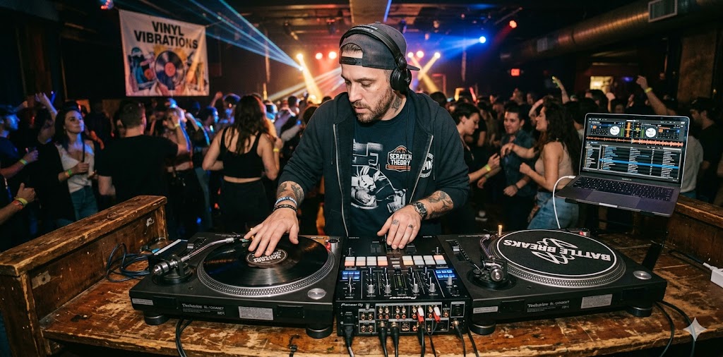 A turntablist creating sound effects and music in real time.