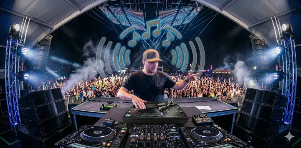 A festival DJ using DJ equipment to mix and play tracks for a live audience.
