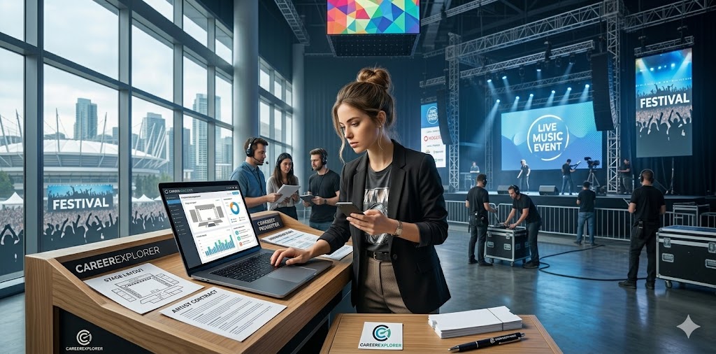 This image depicts a professional concert promoter managing the logistics of a large-scale live music event from a backstage production hub.