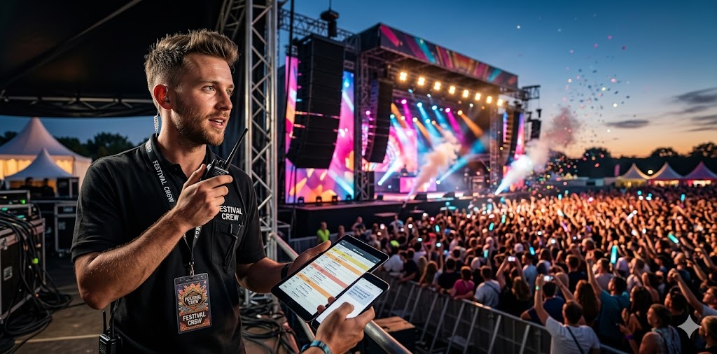 A professional music festival promoter stands backstage at dusk, managing a large-scale event with a walkie-talkie and tablet against the backdrop of a vibrant, crowded concert stage.
