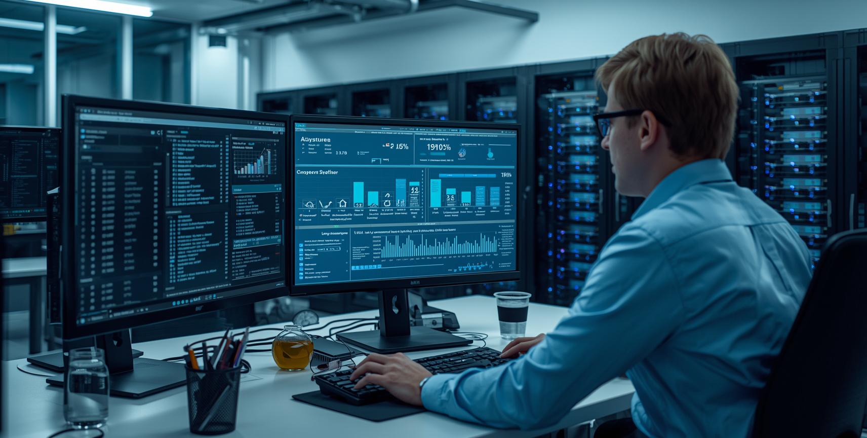 An AI knowledge engineer working at his desk, with two computer screens displaying structured data, code, analytics dashboards, and database visualizations.