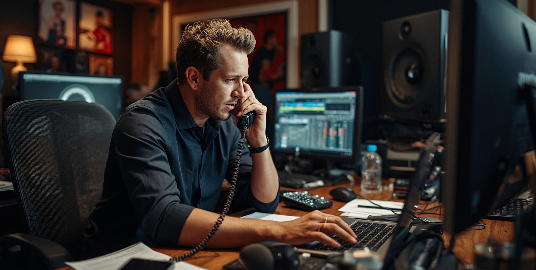 A record label promoter working on his computer, planning a release campaign.