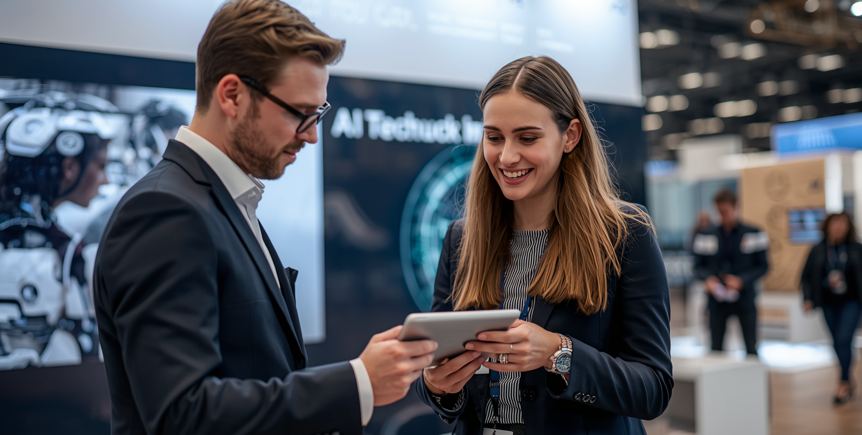 An AI product evangelist engaging in a product demonstration at a tech exhibition.