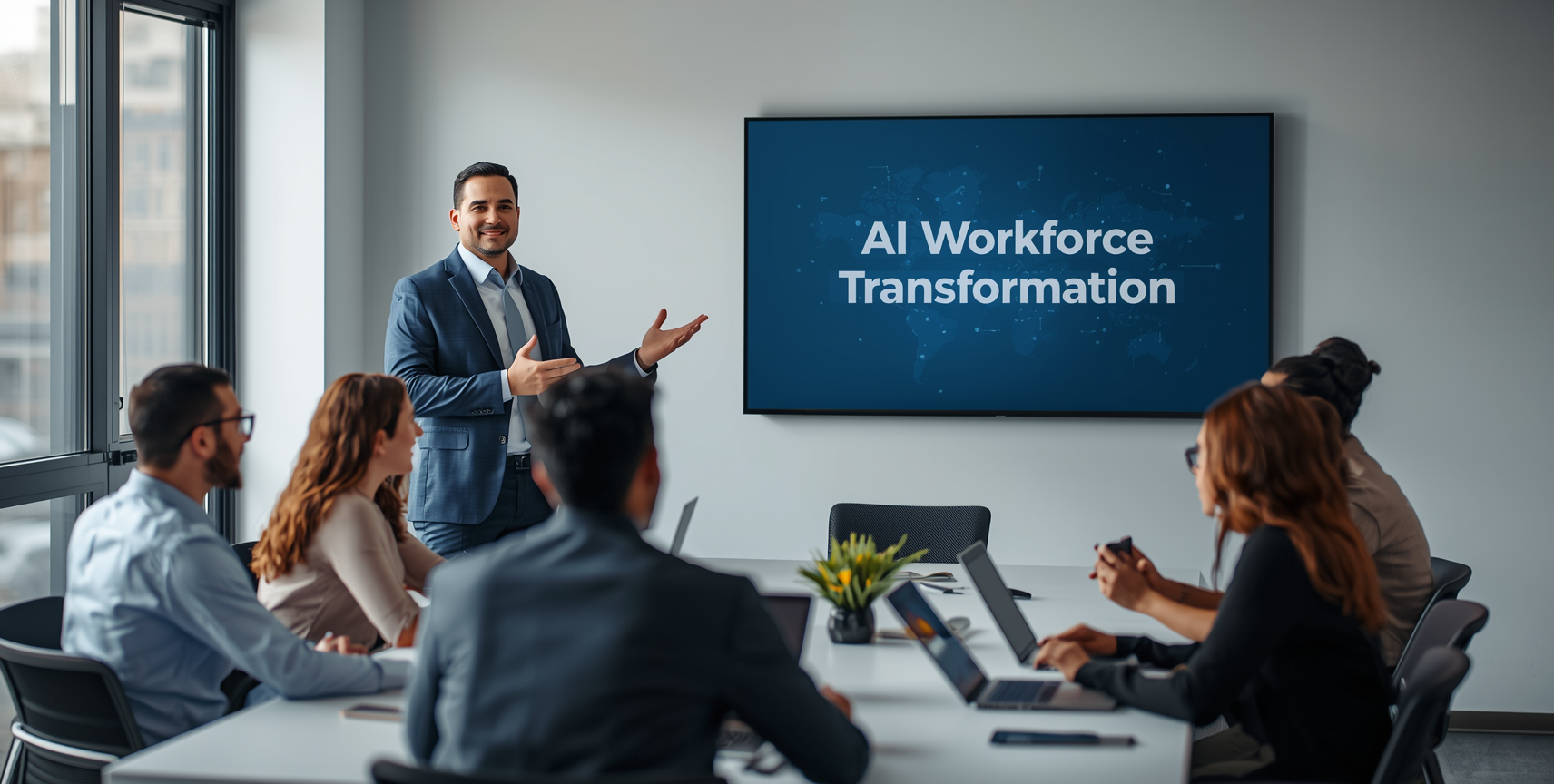An AI workforce transformation specialist collaborating with tech experts to build training modules that teach staff how to interact with AI systems effectively.