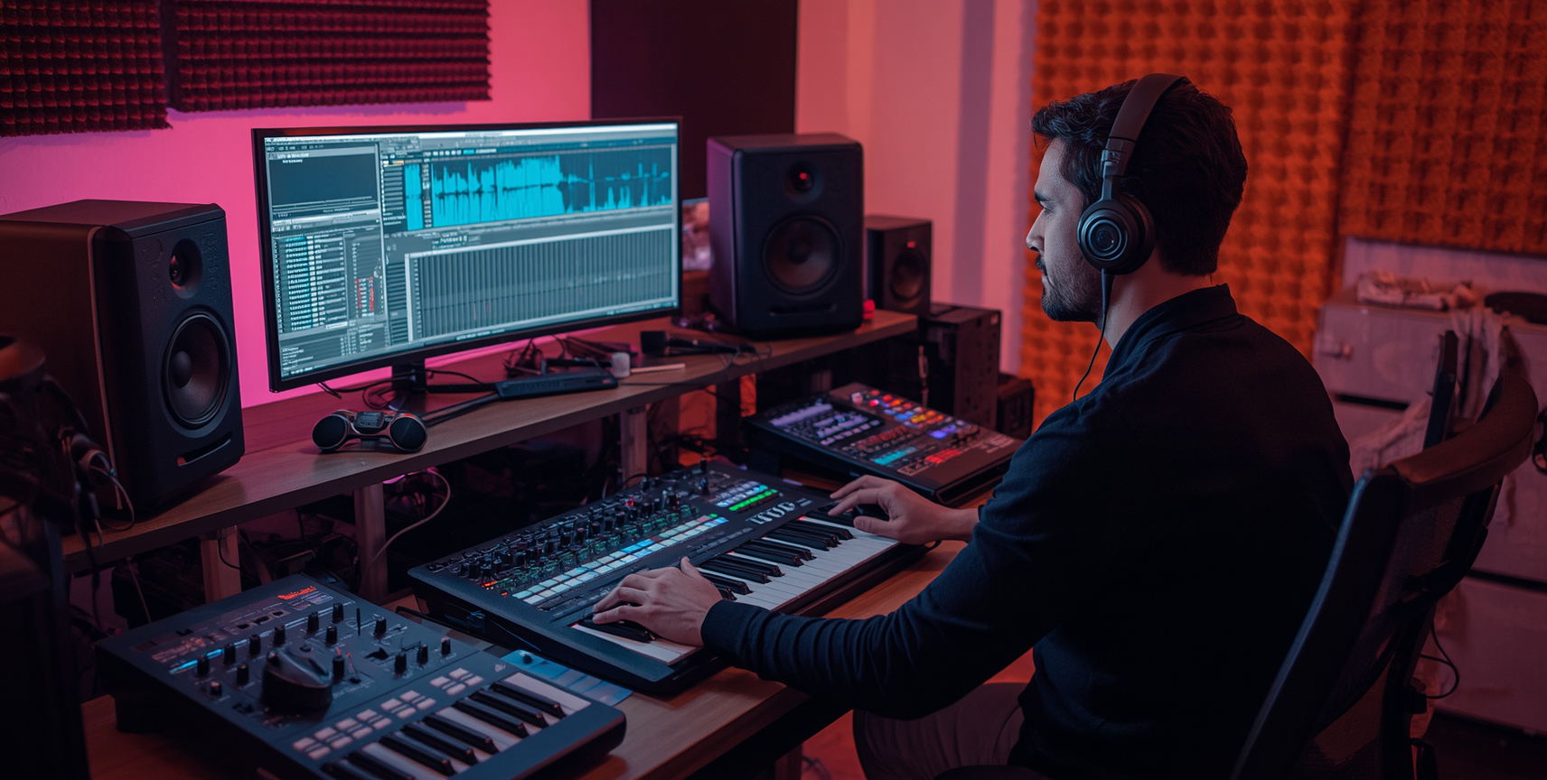 An electronic music producer at work in a studio setting.