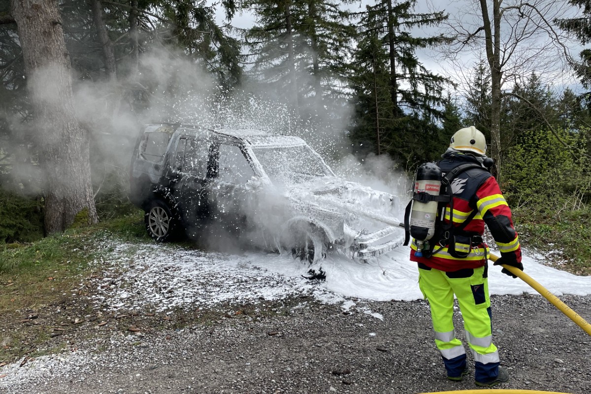 Innerthal SZ - Parkiertes Auto gerät im Wald in Brand